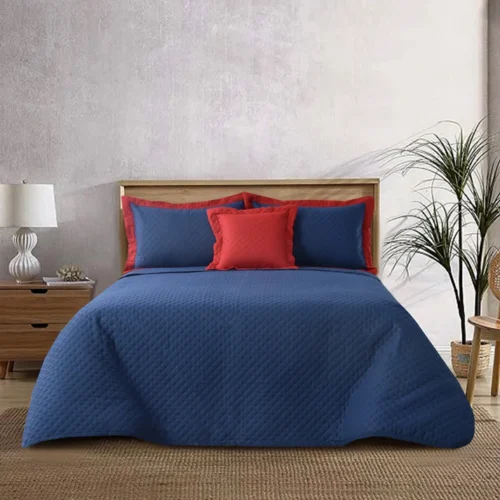 4 PCs Bed Spread Set- Blue Over Maroon